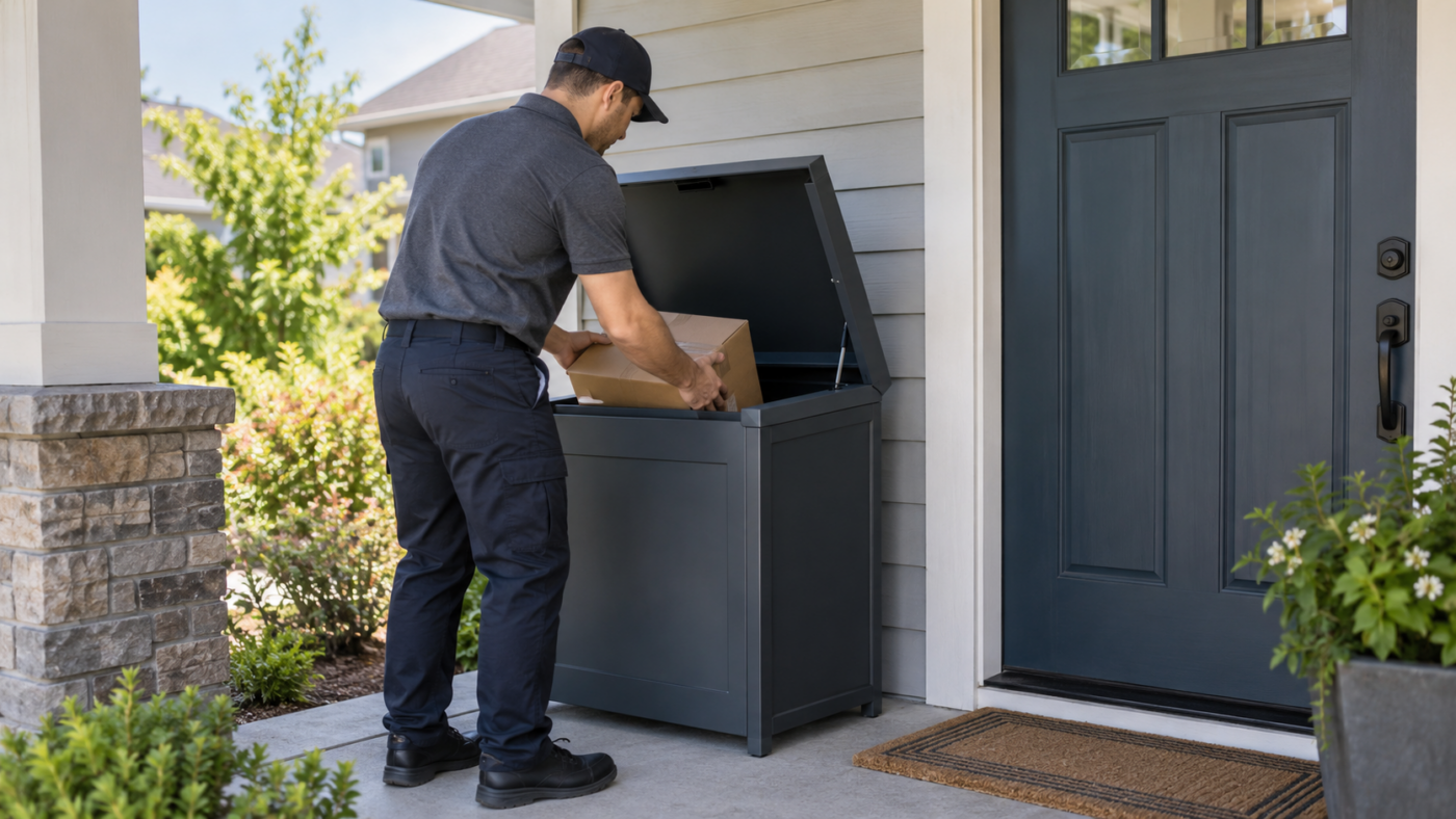 Delivery driver placing a package inside a secure residential package delivery box
