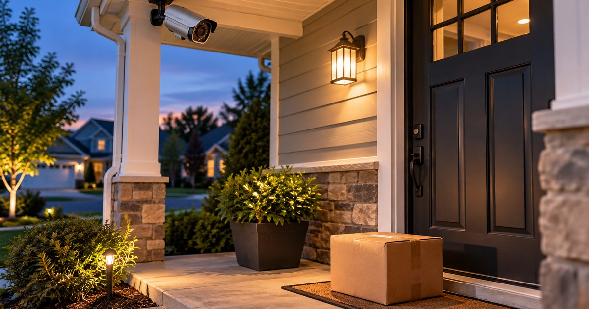Fake security camera overlooking a front porch package delivery area