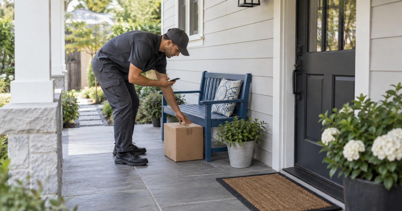 Delivery driver placing a package beside a blue bench after checking delivery instructions
