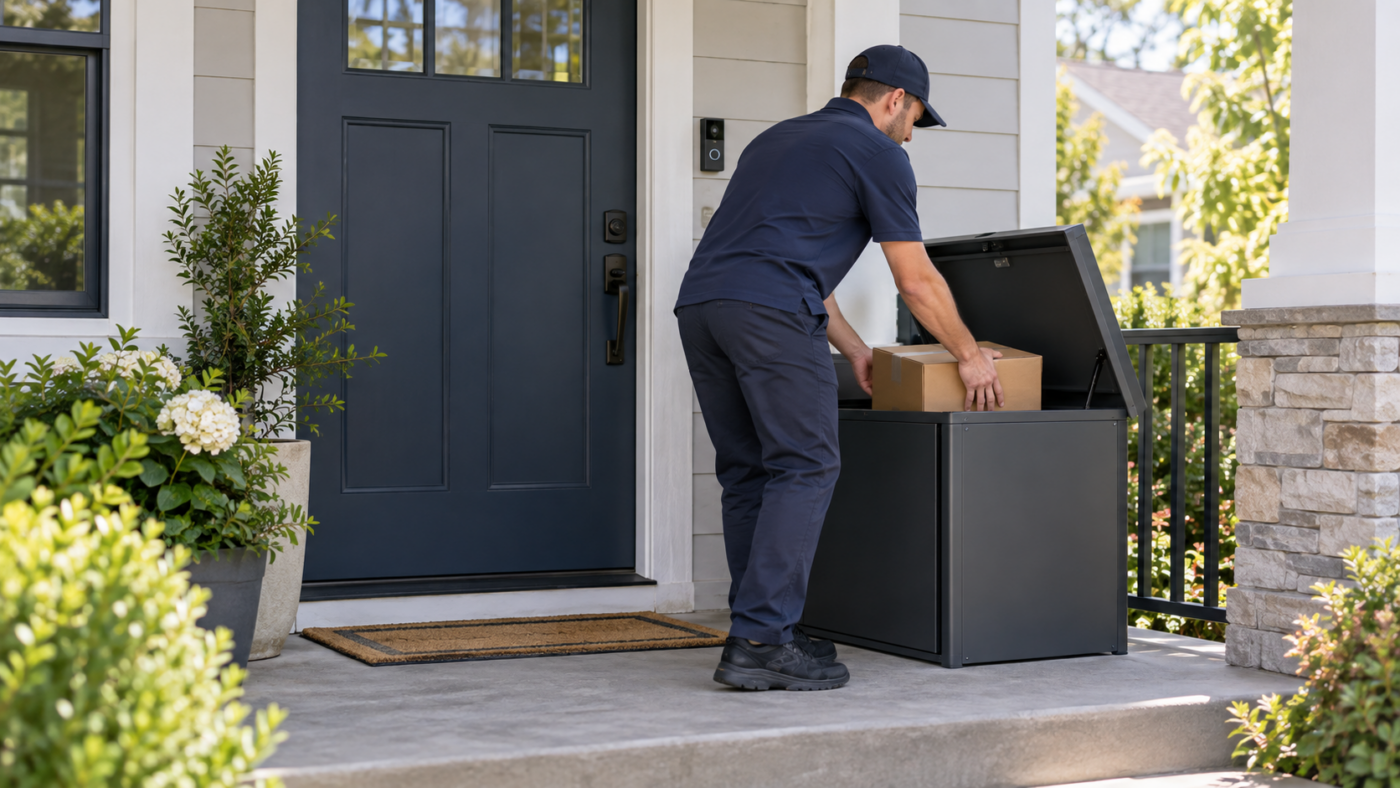 Delivery driver placing a package inside a secure porch delivery box while no one is home